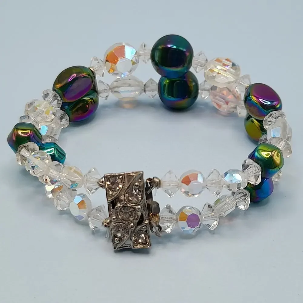Vintage 1960s AB Crystal Beaded Bracelet, Double Strand, Iridescent Austrian, 7